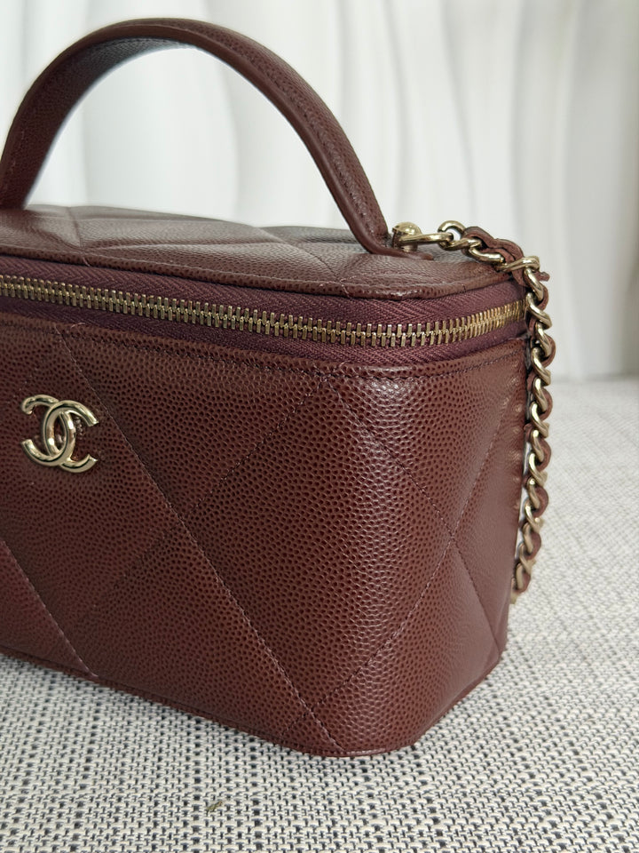 CHANEL 25K 2025 collection Brown Caviar LGHW Leather Top Handle Small Vanity with Chain