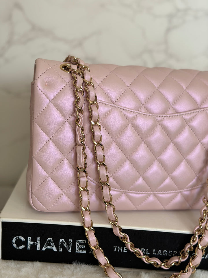 CHANEL 21S iridescent Pink Calf Skin LGHW Medium ML Timeless Classic Double Flap Bag series 31 2021