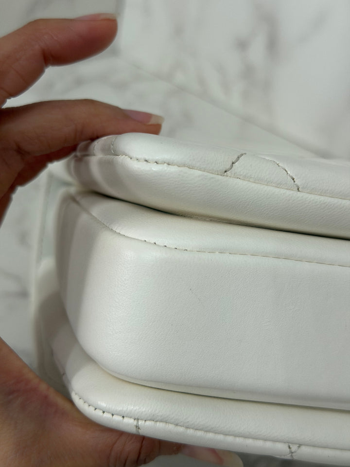 CHANEL 23S collection 2023 White Lambskin LGHW Trendy CC Flap Bag size Small with raised CHANEL Engraved Plate Top Handle