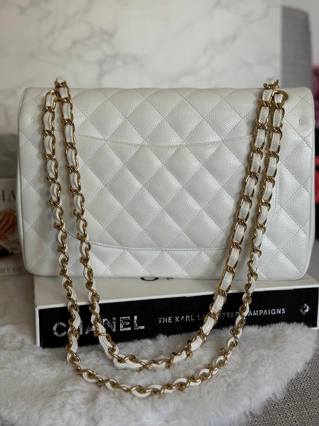 CHANEL White Caviar GHW Jumbo Double Flap Classic Bag 2010