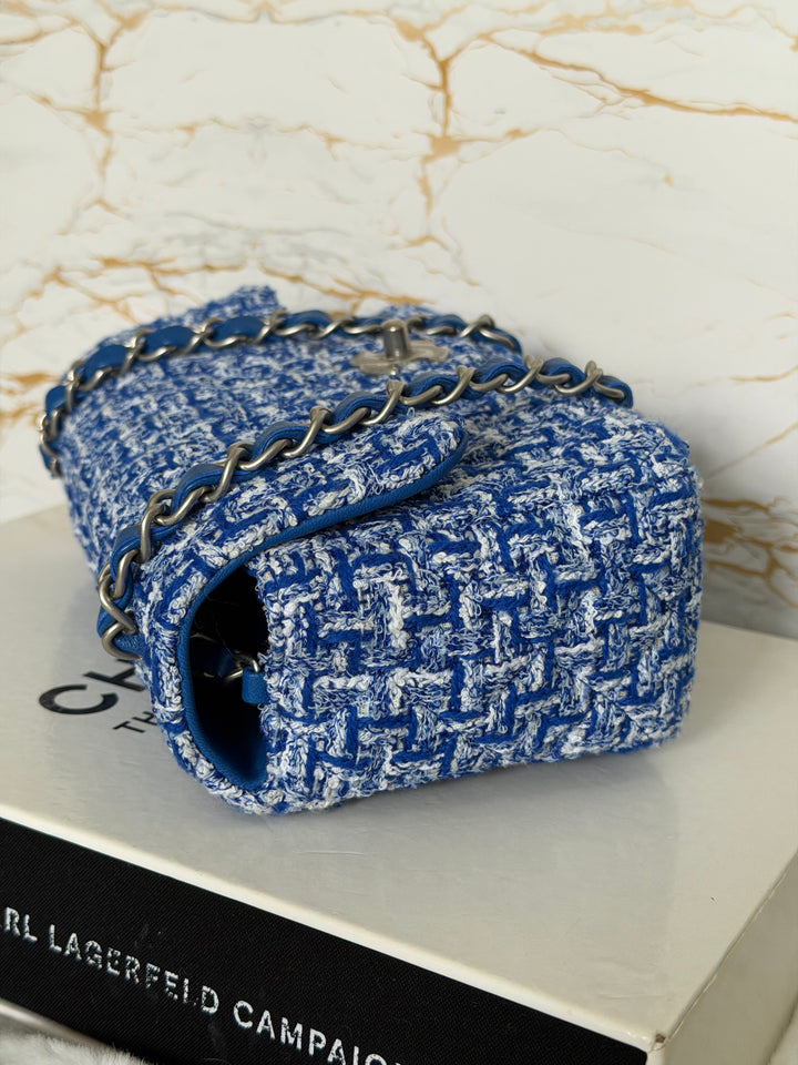 CHANEL 23P Cobalt Blue Muti Coloured Tweed Brushed SHW Mini rectangular flap bag 2023