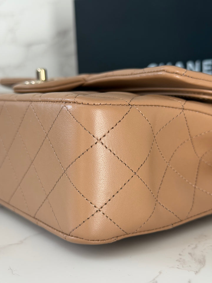 CHANEL 22K 2022 Dark Beige Lambskin LGHW Medium ML Timeless Classic Double Flap Bag