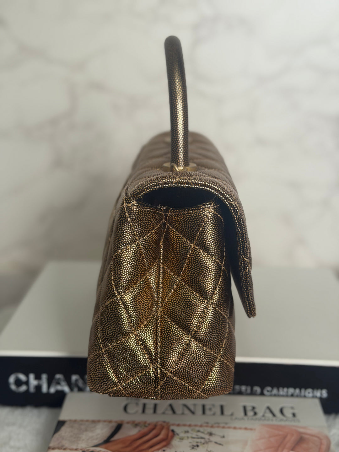 CHANEL series 28 19A Metallic Bronze Gold Caviar Aged GHW Coco Handle Flap Bag size SMALL with detachable shoulder strap 2019