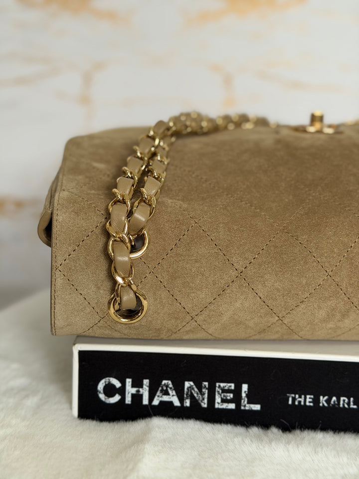 CHANEL 26S Beige Suede Leather LGHW Maxi Flap Bag 32 cms