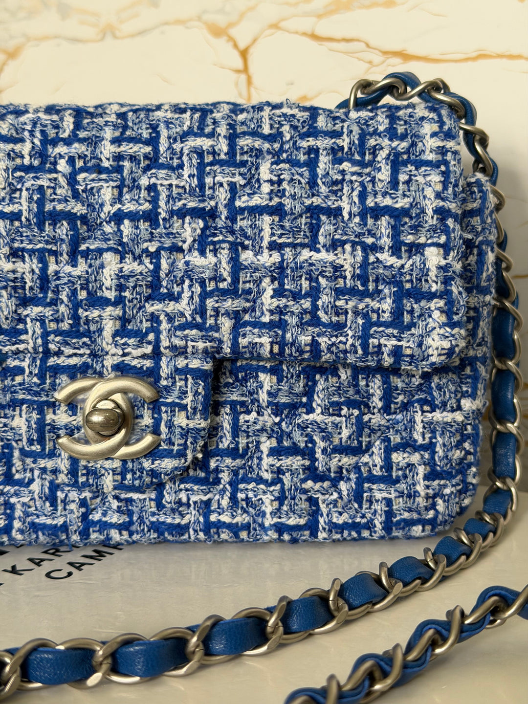 CHANEL 23P Cobalt Blue Muti Coloured Tweed Brushed SHW Mini rectangular flap bag 2023