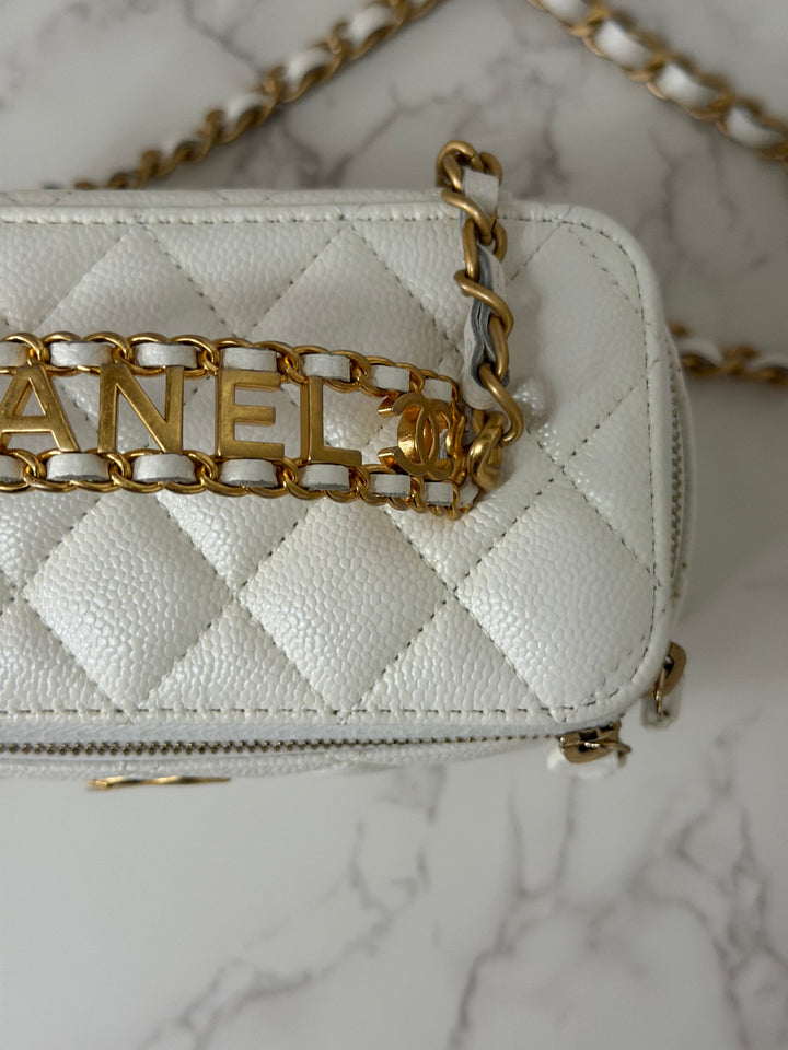CHANEL 22S Collection 2022 Pick Me Up White Caviar Small Vanity Case with Metal Top Handle GHW