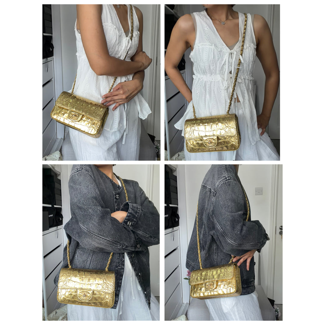CHANEL series 28 19A Metiers d'Art collection Gold Croc Embossed Calf Skin Mini Rectangular Flap Bag with Aged GHW 2019 RARE