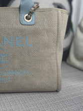 Load image into Gallery viewer, Chanel Beige And Light Blue Mixed Fibres Deauville Tote with Leather Top Handle Size Small
