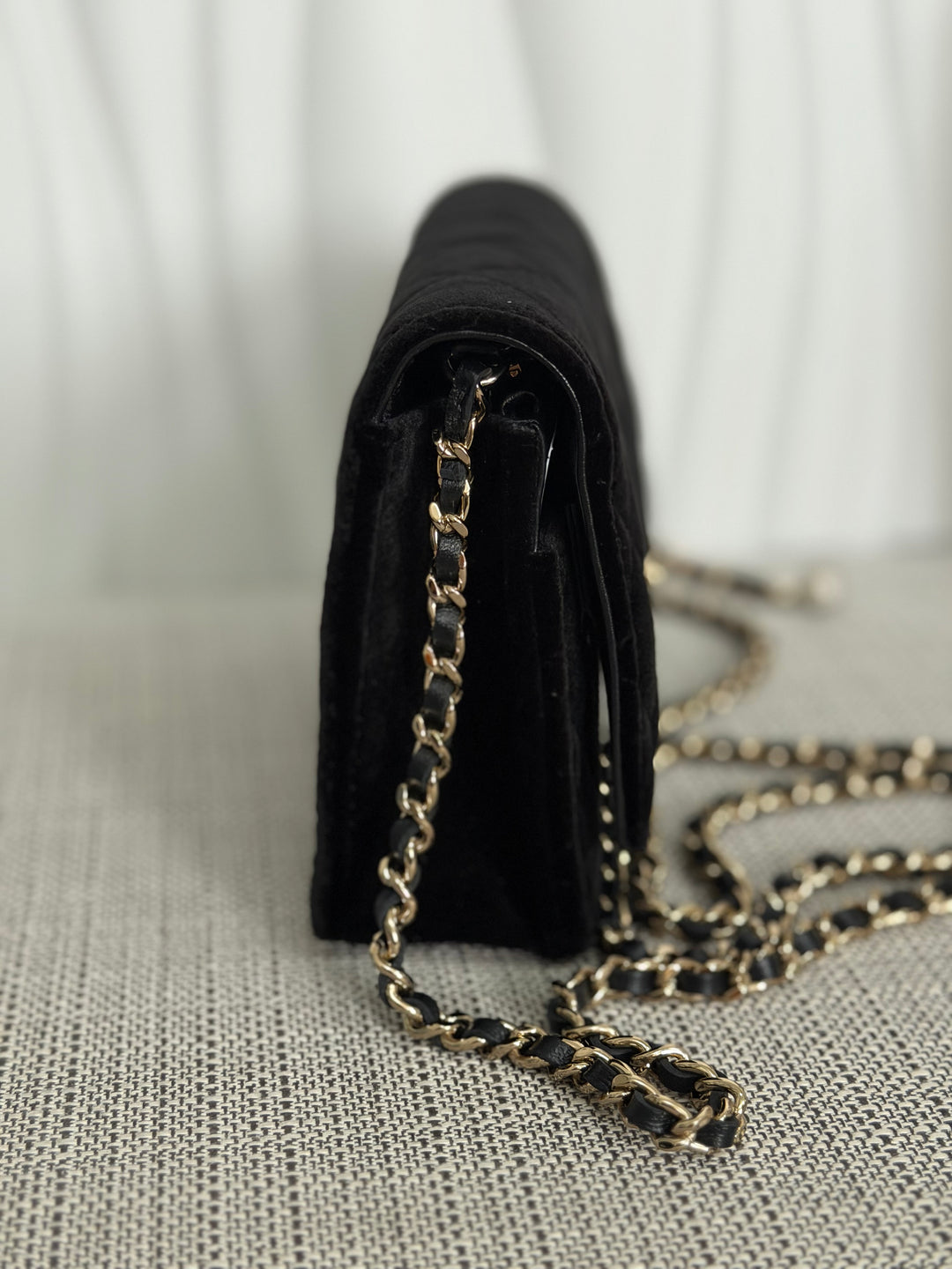 CHANEL 2025 Black Velvet Crystal Pearl Crush Adjustable Strap Wallet on Chain (WOC)