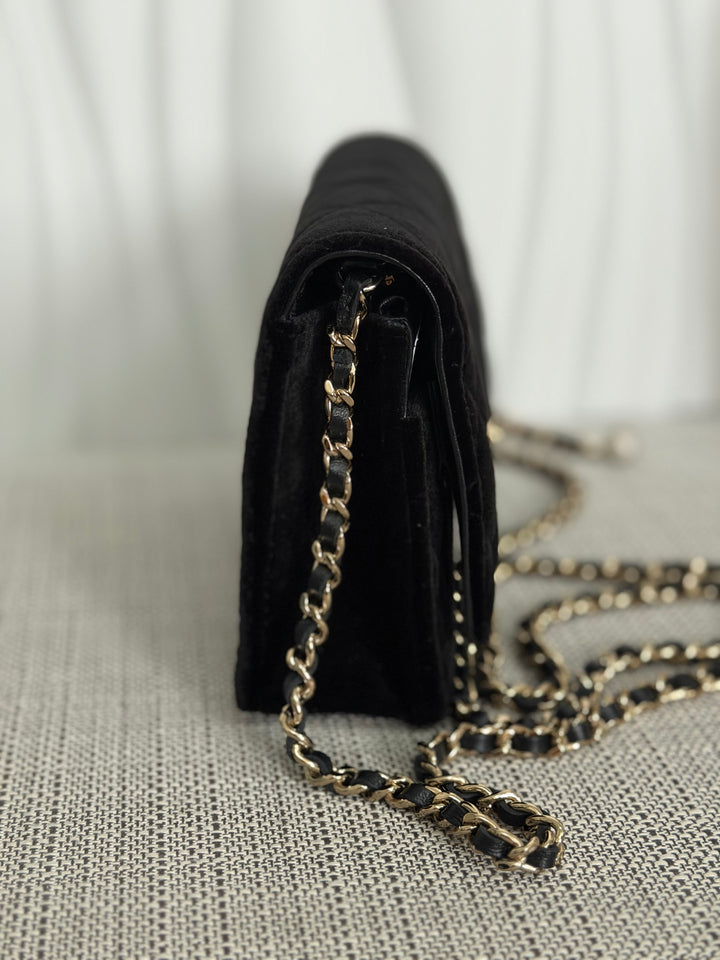 CHANEL 2025 Black Velvet Crystal Pearl Crush Adjustable Strap Wallet on Chain (WOC)