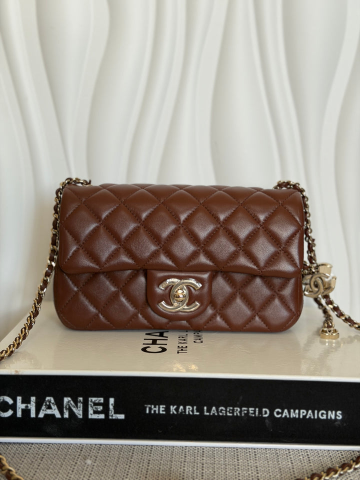 CHANEL 26S Brown Lambskin Adjustable Chain LGHW Mini Rectangular Flap Bag 2026
