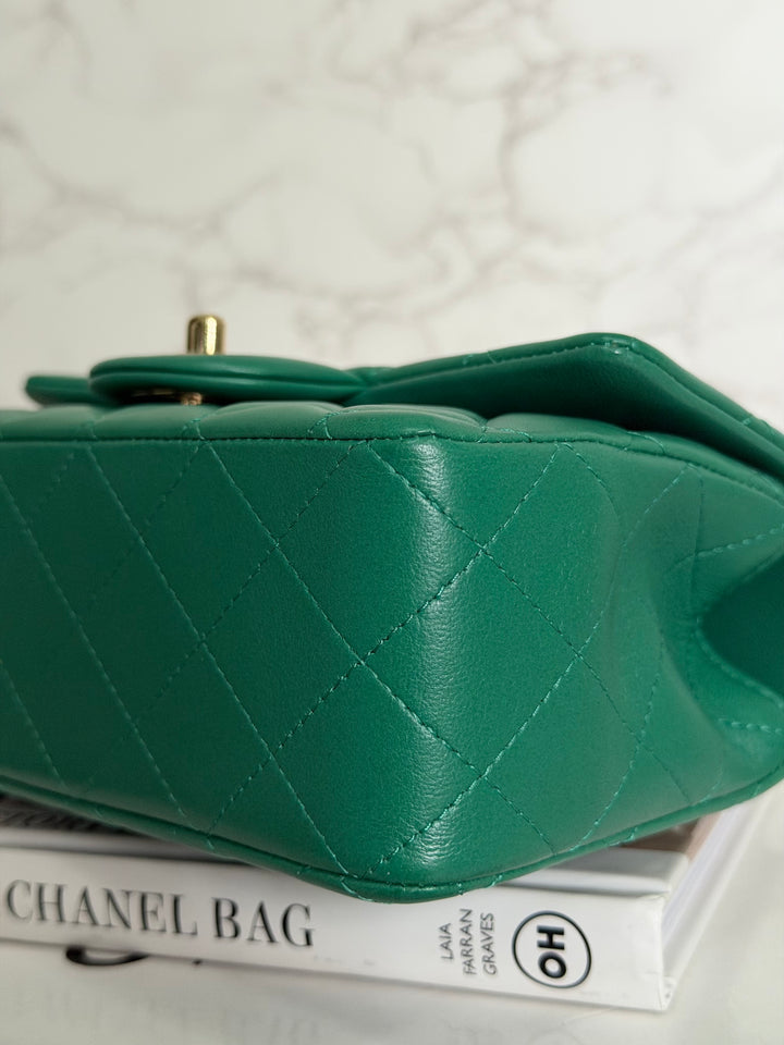 CHANEL Green Lambskin LGHW Mini Rectangular Flap Bag with Top Handle 2022 22A collection