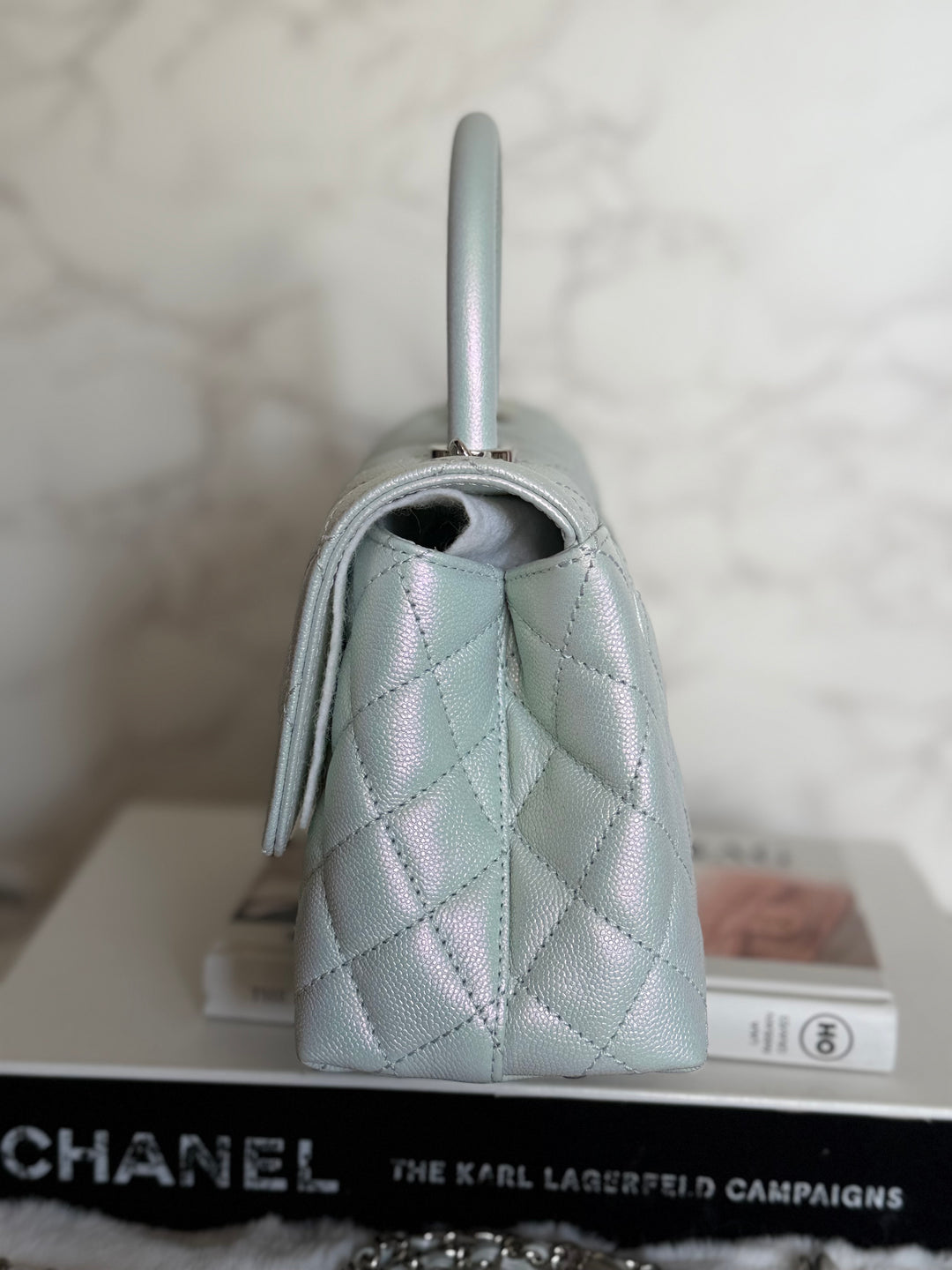 CHANEL 21K iridescent Light Blue Caviar Rainbow and shiny SHW Coco Handle Flap Bag size Small 2021