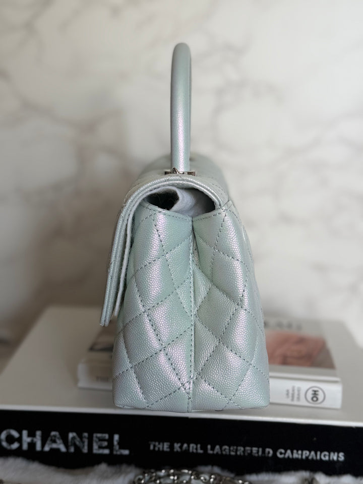 CHANEL 21K iridescent Light Blue Caviar Rainbow and shiny SHW Coco Handle Flap Bag size Small 2021