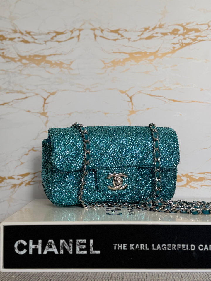 CHANEL series 21 Turquoise Teal Green Blue Diamanté Swarovski Crystal Strasssd Extra Mini Flap Bag with SHW *unicorn* RARE