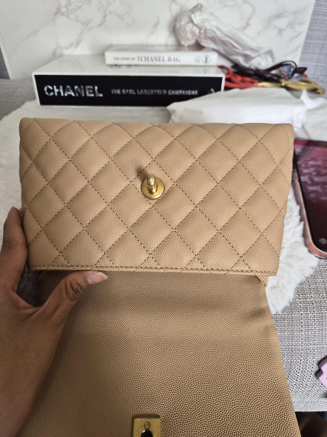 CHANEL series 29 Beige Caviar Aged GHW Deep burgundy Lizard Handle Coco Handle size Small 2019/2020
