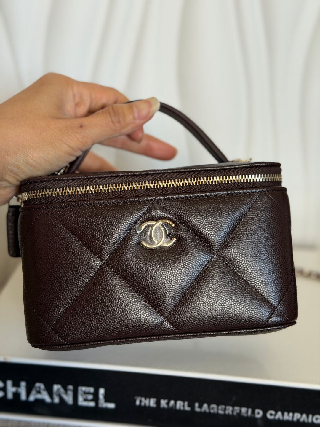 CHANEL 26S Dark Brown Caviar LGHW Small Vanity Case with Top Handle