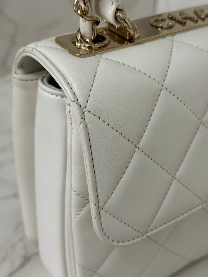 CHANEL 23S collection 2023 White Lambskin LGHW Trendy CC Flap Bag size Small with raised CHANEL Engraved Plate Top Handle