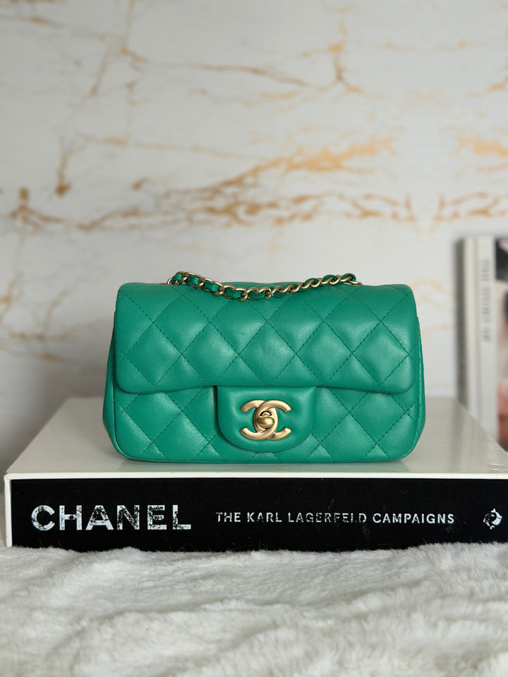 CHANEL series 21 Green Lambskin Brushed GHW Extra Mini Flap Bag 7.5 inches (discontinued line)