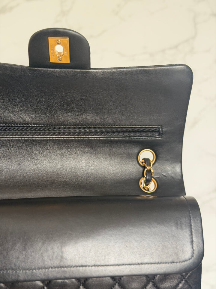 CHANEL series 6 Black Lambskin 24K GHW Vintage Medium ML Timeless Classic Double Flap Bag circa 2000-2002
