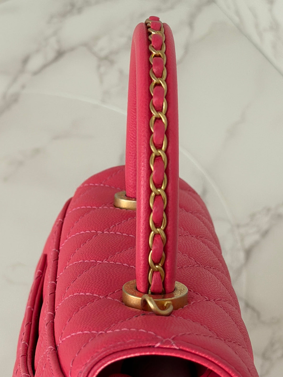 Chanel 23P Collection 2023 Dark Pink Caviar Aged GHW Coco Handle with Detachable Strap and enchained handle size Small