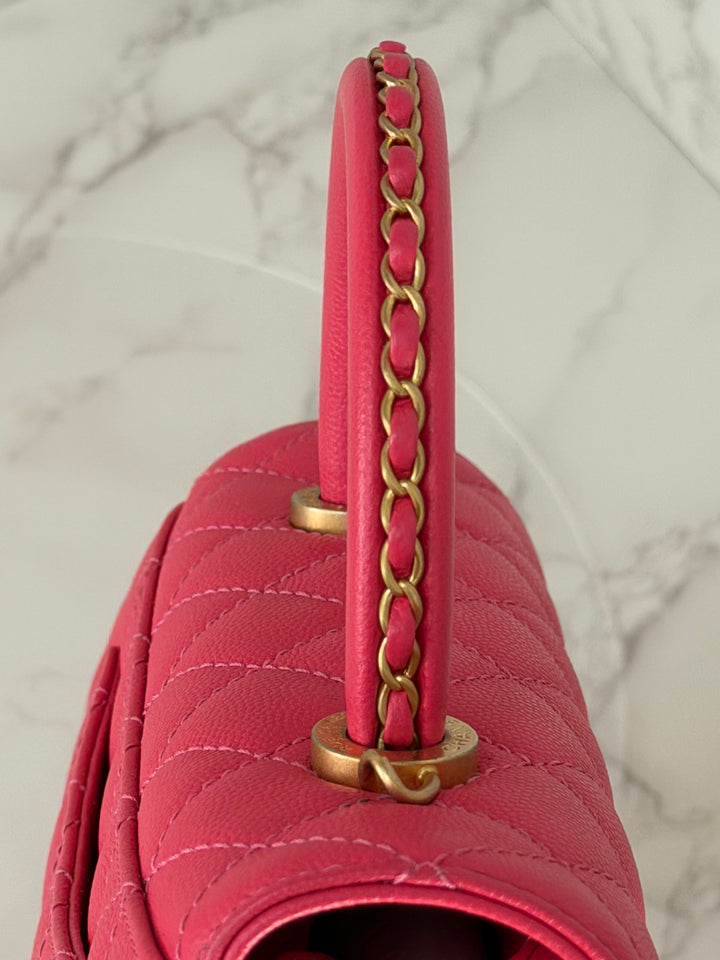Chanel 23P Collection 2023 Dark Pink Caviar Aged GHW Coco Handle with Detachable Strap and enchained handle size Small
