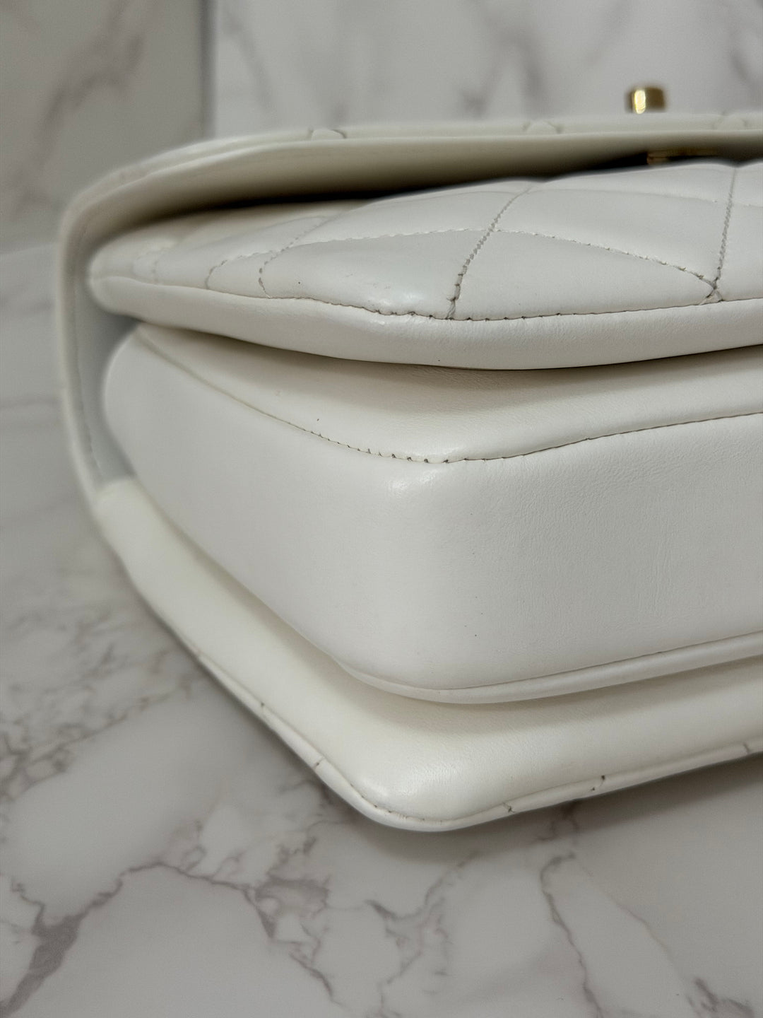 CHANEL 23S collection 2023 White Lambskin LGHW Trendy CC Flap Bag size Small with raised CHANEL Engraved Plate Top Handle