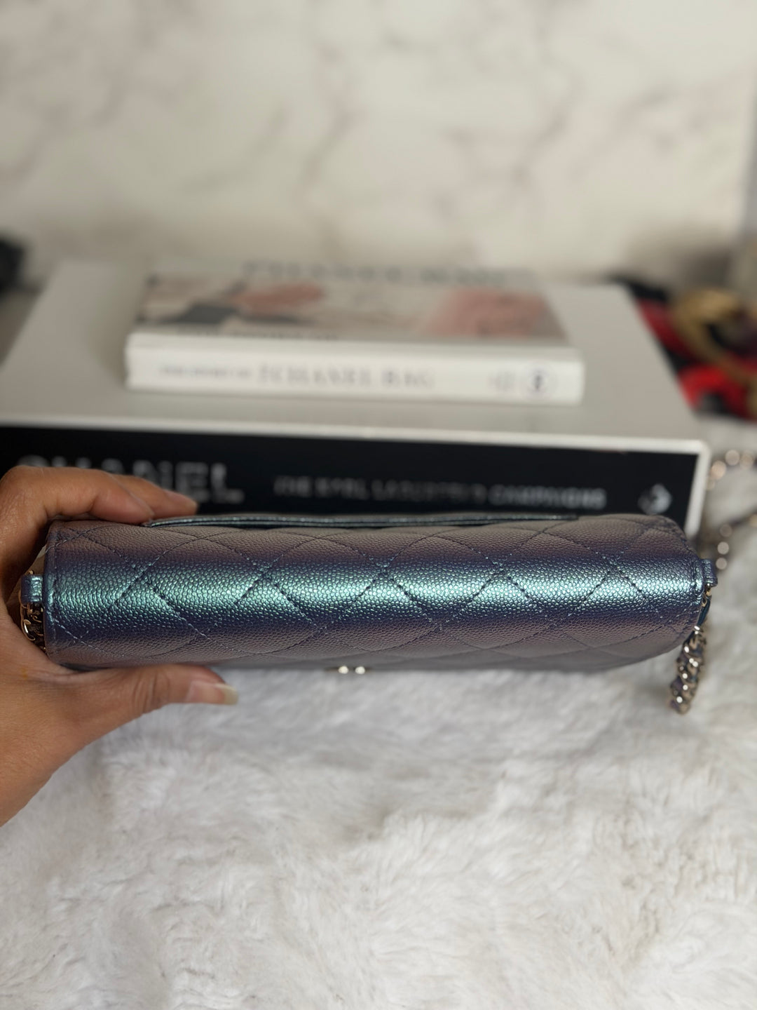 CHANEL 22P Iridescent Purple Caviar LGHW 2022 Classic Wallet On Chain (WOC)