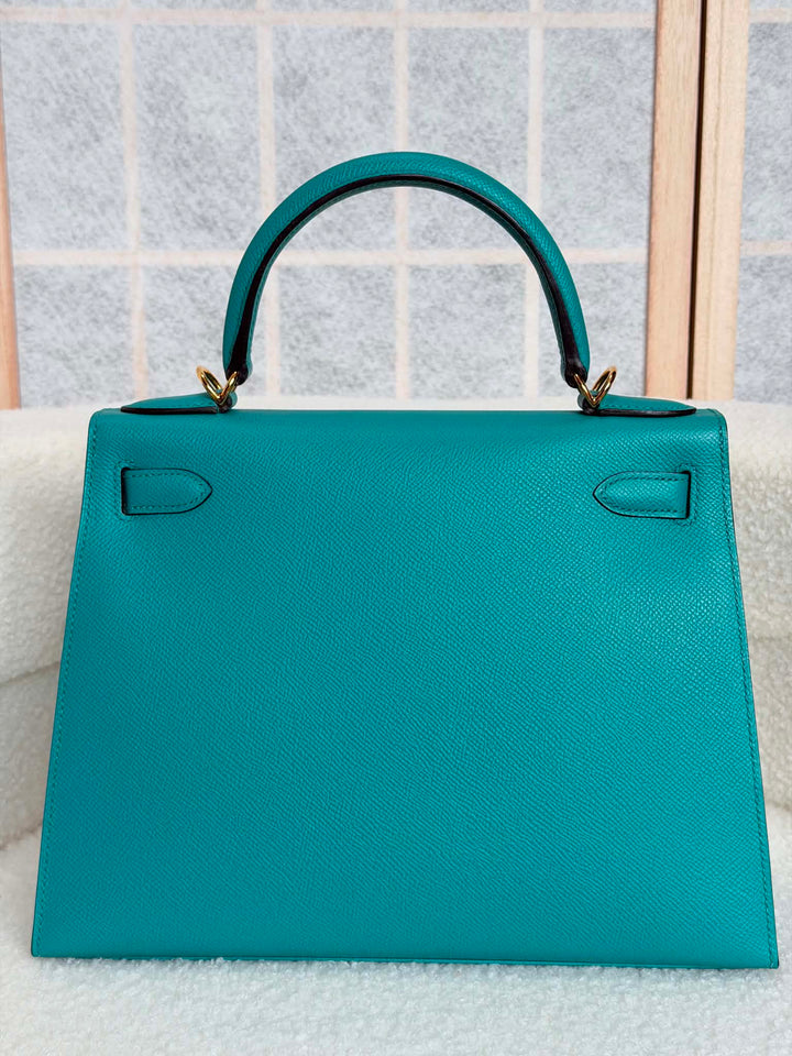 HERMÈS Kelly 28 Epsom Leather Sellier Special Order Bleu Paon GHW Stamp D 2019