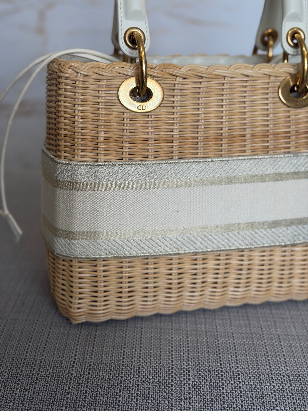 DIOR Lady Dior White/Gold Wicker Bag size SMALL with Guitar Strap