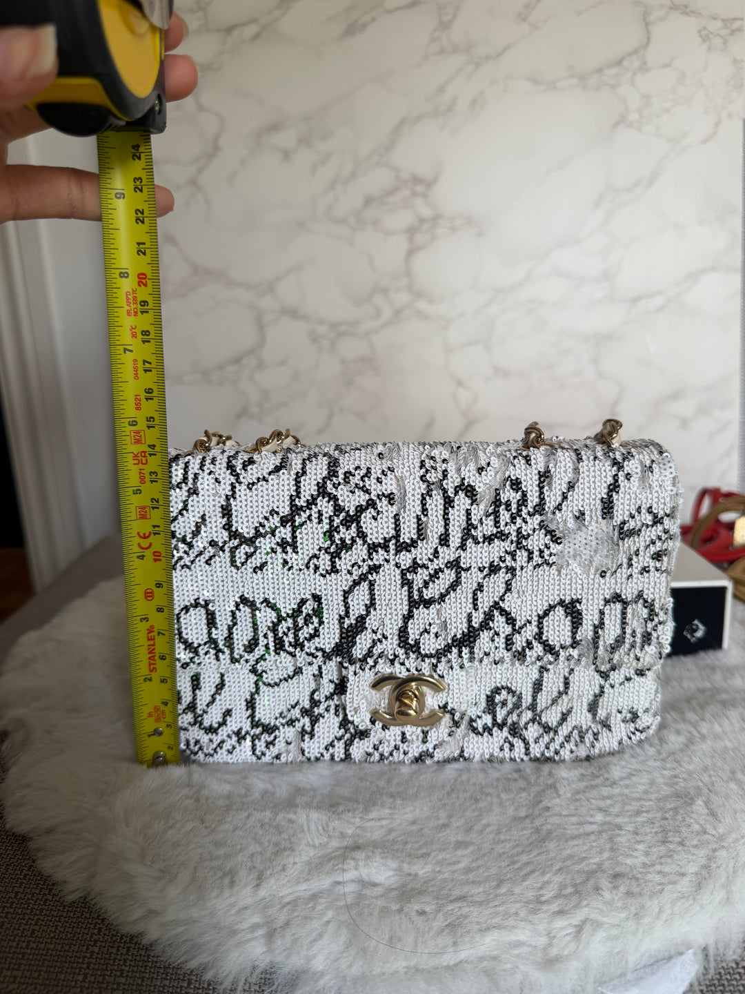 CHANEL 22C White and Black Sequin SMALL Flap Bag LGHW 2022
