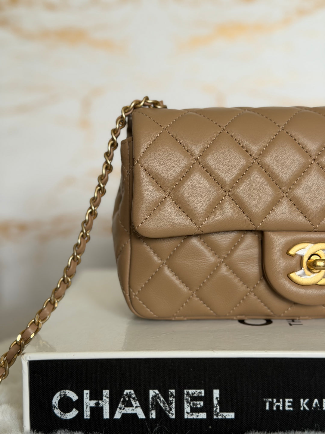 CHANEL 22B Taupe Dark Beige Lambskin Aged GHW Pearl Crush Adjustable Chain Mini Rectangular Flap Bag 2022
