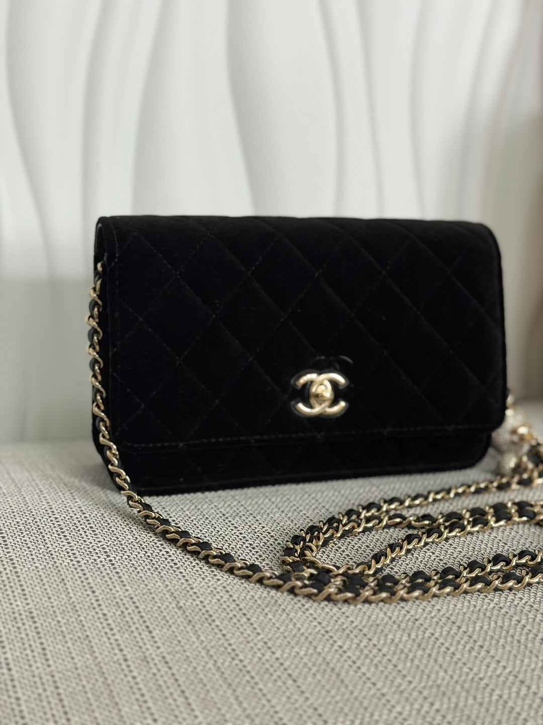 CHANEL 2025 Black Velvet Crystal Pearl Crush Adjustable Strap Wallet on Chain (WOC)
