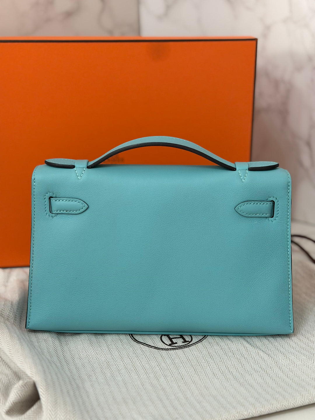 Hermès Kelly Pochette Swift Leather in Bleu Atoll 3P PHW Palladium Hardware Stamp T