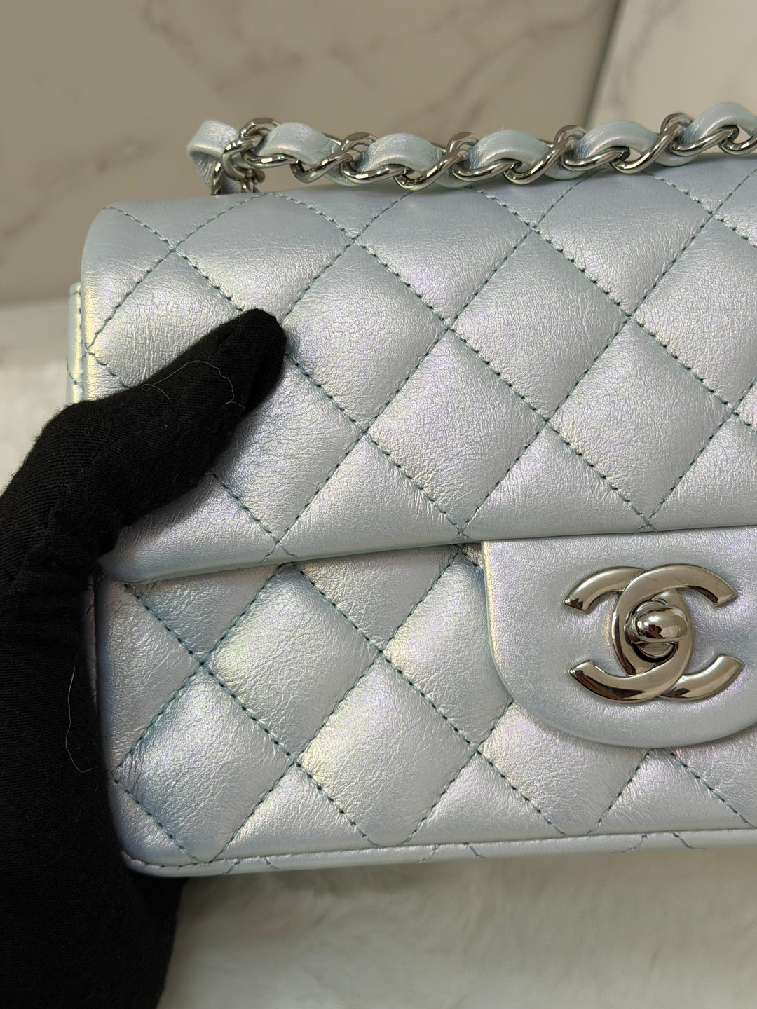 CHANEL 21K 2021 Iridescent light Blue Calf skin SHW Mini rectangular flap bag microchip