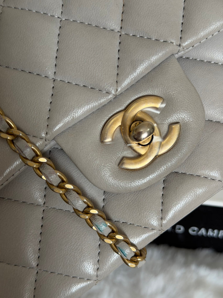 CHANEL Grey Lambskin aged GHW Mini Rectangular Flap bag Top Handle 2021 21A collection