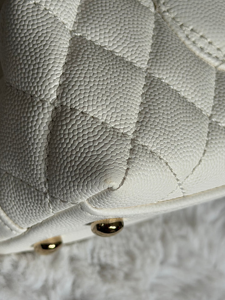 CHANEL White Caviar LGHW Coco Handle Flap Bag Size SMALL with detachable Strap Microchipped