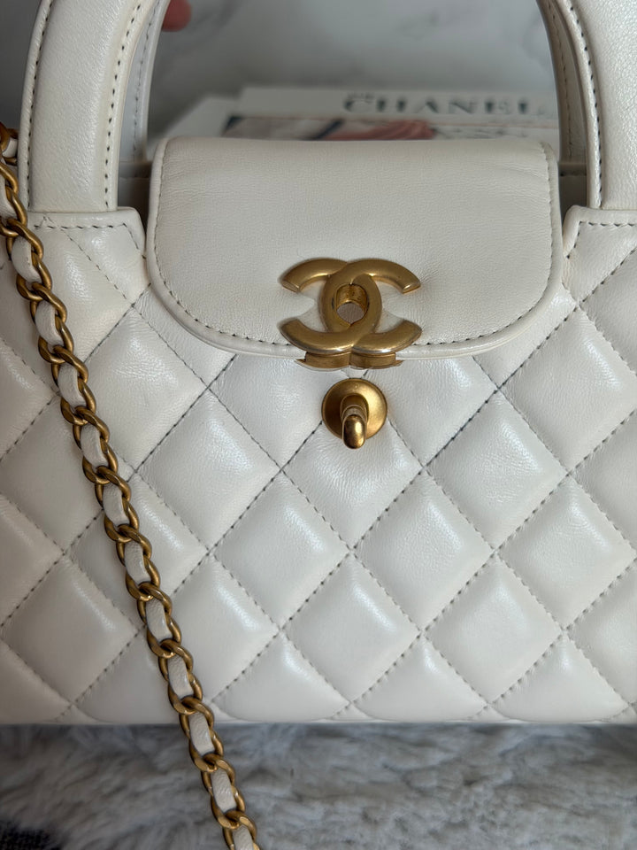 CHANEL White Calf skin Aged GHW Kelly Shopping Bag Size Small 2026