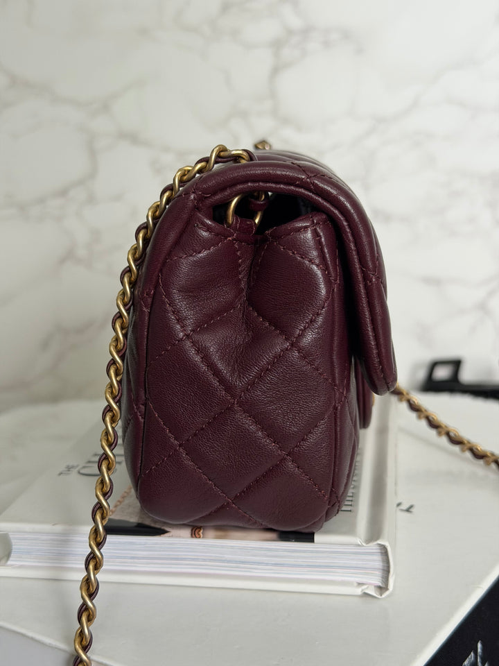 CHANEL 21B Burgundy Lambskin Aged GHW Pearl Crush Adjustable Chain Mini rectangular flap Bag 2021