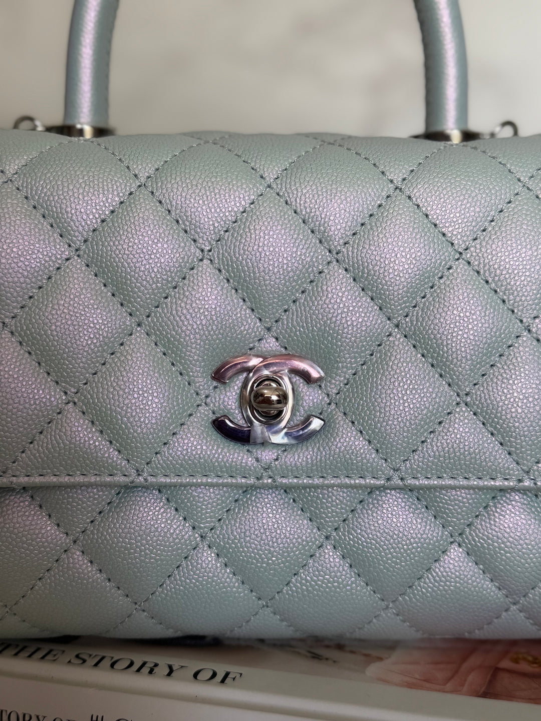CHANEL 21K iridescent Light Blue Caviar Rainbow and shiny SHW Coco Handle Flap Bag size Small 2021