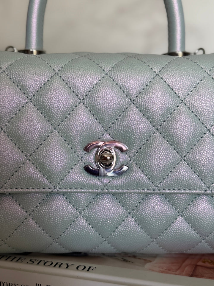 CHANEL 21K iridescent Light Blue Caviar Rainbow and shiny SHW Coco Handle Flap Bag size Small 2021