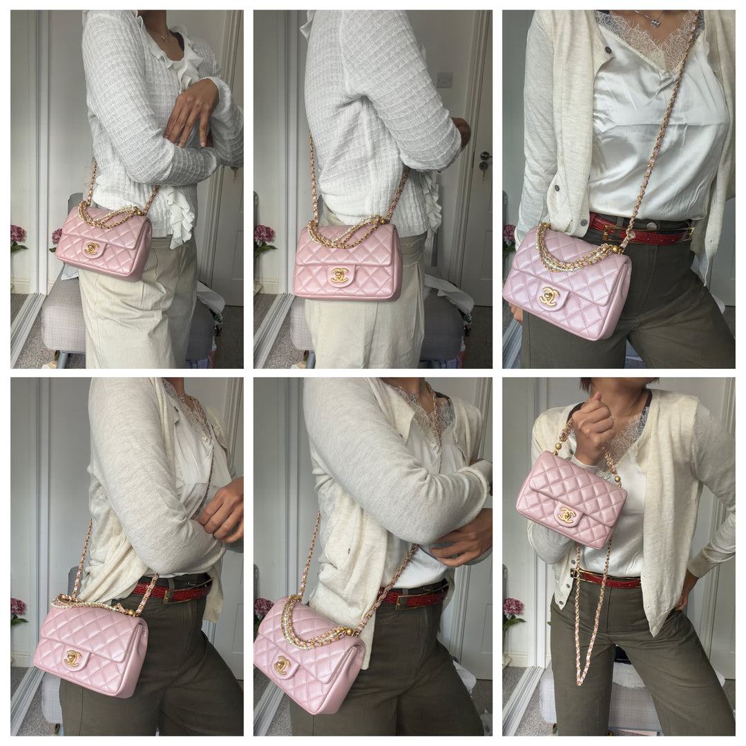 CHANEL 24P Pearly Pink Lambskin Pearl Twist Aged GHW Flap Bag 2024