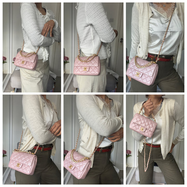 CHANEL 24P Pearly Pink Lambskin Pearl Twist Aged GHW Flap Bag 2024