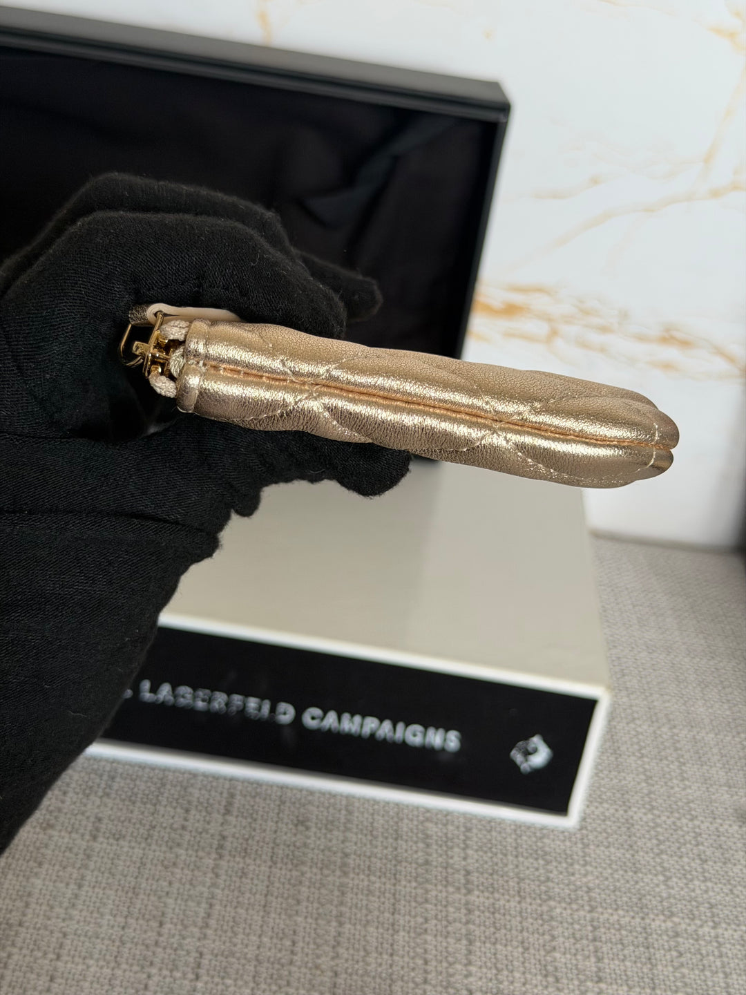 CHANEL 21P Metallic Gold Lambskin LGHW Mini O Case Pouch 15 cms