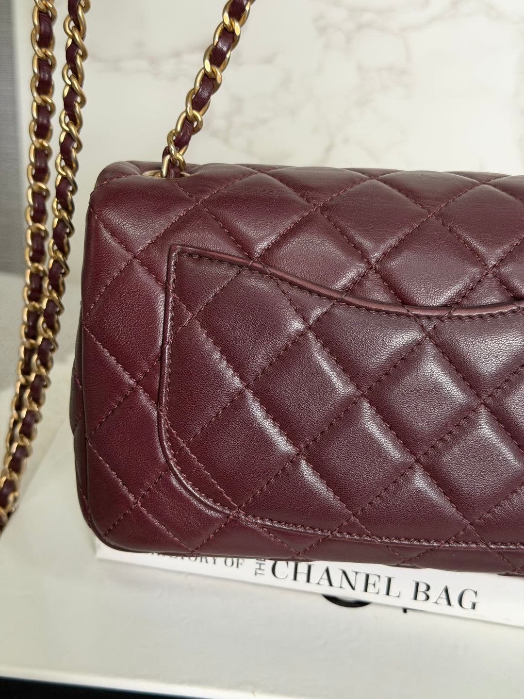 CHANEL 21B Burgundy Lambskin Aged GHW Pearl Crush Adjustable Chain Mini rectangular flap Bag 2021