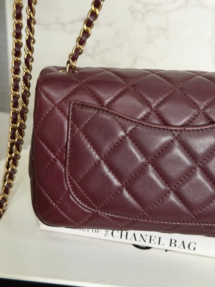 CHANEL 21B Burgundy Lambskin Aged GHW Pearl Crush Adjustable Chain Mini rectangular flap Bag 2021