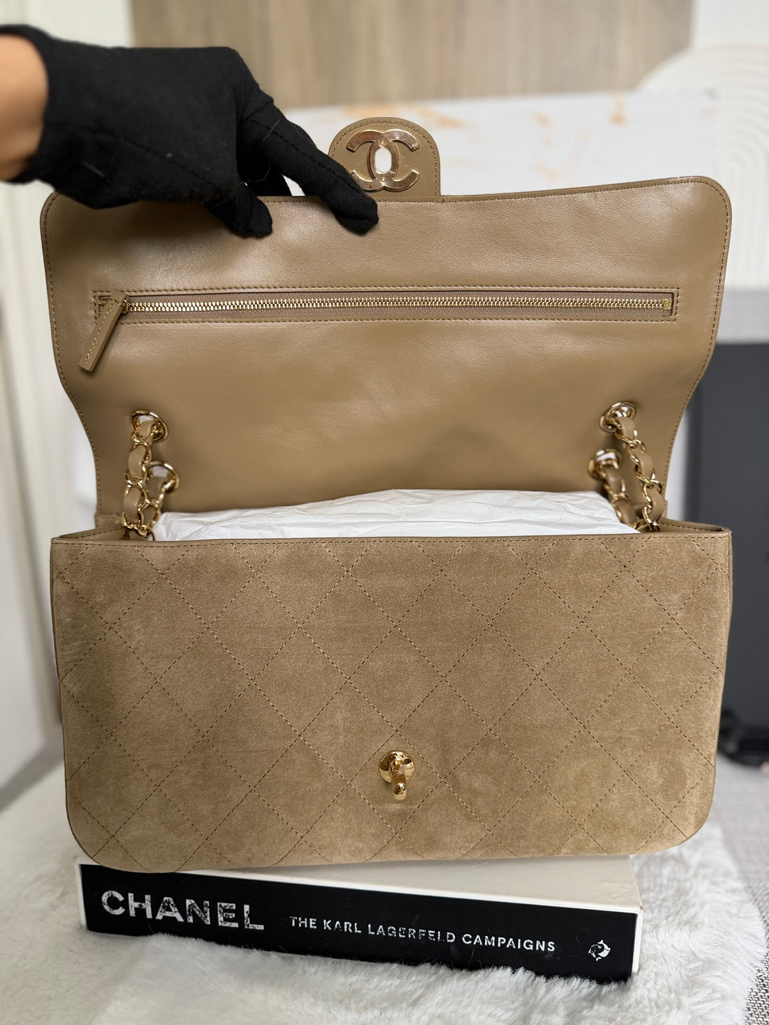 CHANEL 26S Beige Suede Leather LGHW Maxi Flap Bag 32 cms