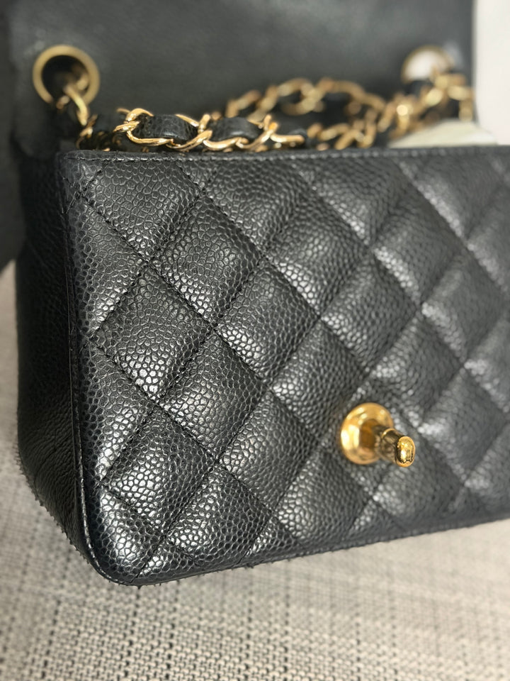 CHANEL series 13 Black Caviar GHW Vintage Square Mini Flap Bag with Edge stitching