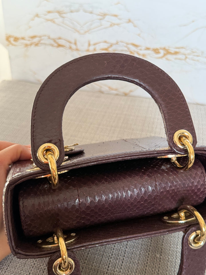 Dior Lady Dior MINI Burgundy Dark Red Python Leather 2018 LGHW