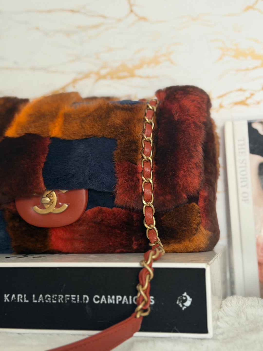CHANEL series 28 Orylag Red Orange Navy Fur Flap Bag with GHW Medium Single Flap Bag 2018